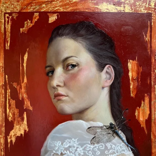 SELF-PORTRAIT WITH DRAGONFLY, 22x18x3cm, oil and gold on wood, 2022